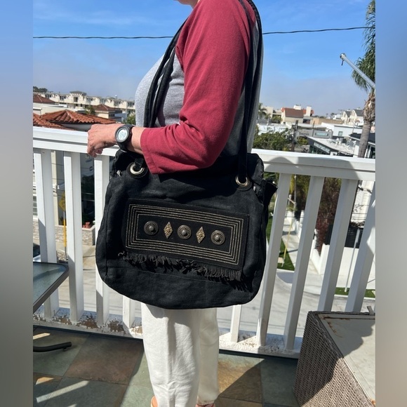 White Elephant Florence Italy linen canvas black fringe beaded tote aztec hippie - Picture 9 of 15